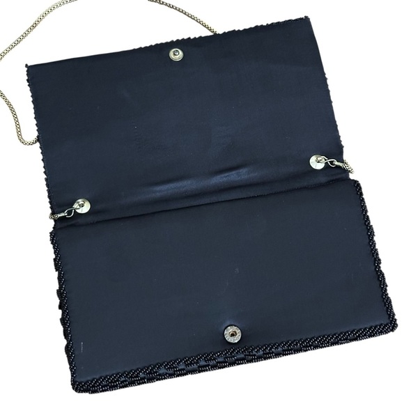 Vintage 1950s Black Beaded Evening Bag Gold Chain Strap, Art Deco Clutch Purse - Picture 3 of 14